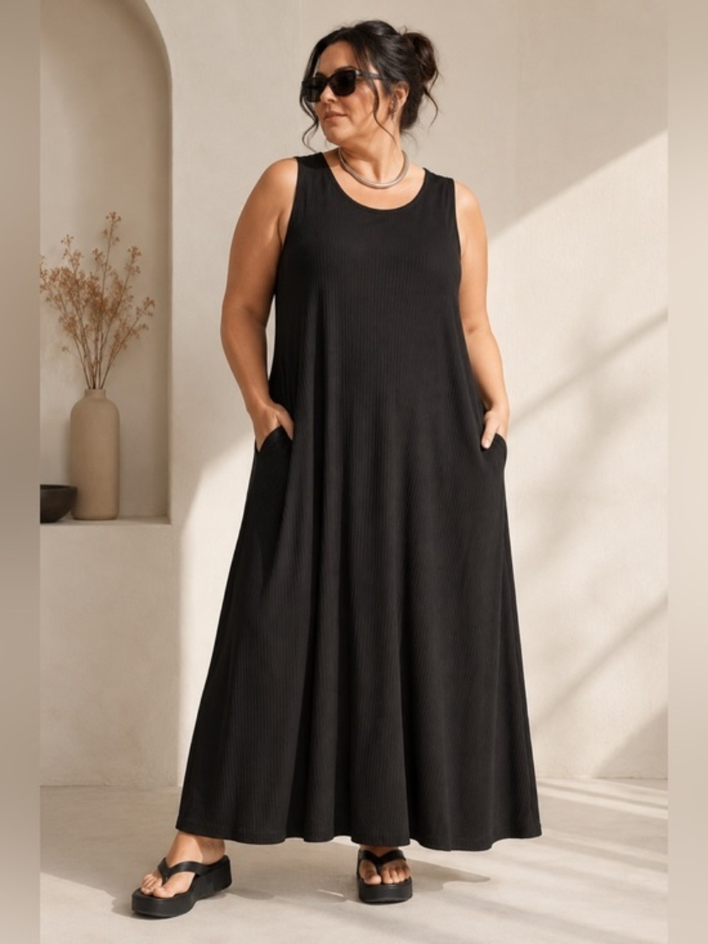 Alembika Black Ribbed Sleeveless Maxi Dress Size 2 | Lagenlook Oversized Pockets